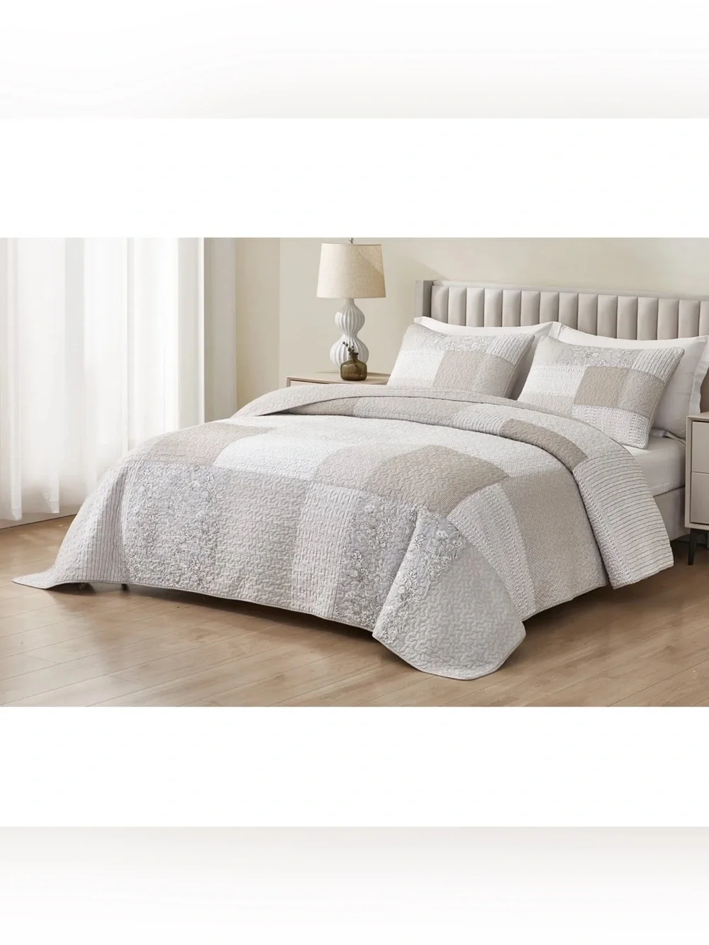 Neutral Patchwork Quilted Comforter Set - Home Bedding
